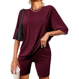 Pajamas 2 Piece Lounge Sets Ribbed Knit Outfits T-Shirt Biker Shorts Sweat suits